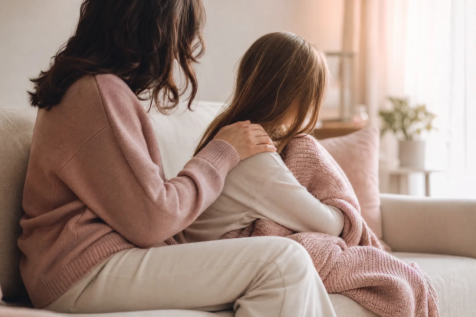 Parent sitting beside a distressed child on a sofa, offering calm support