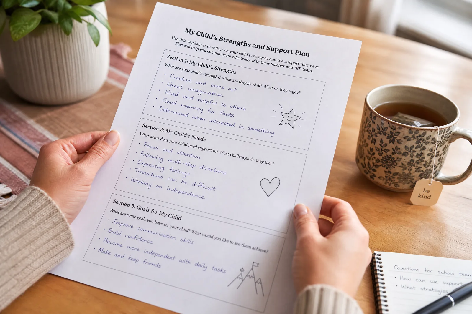 Parent hands holding a printed worksheet at a kitchen table with a cup of tea