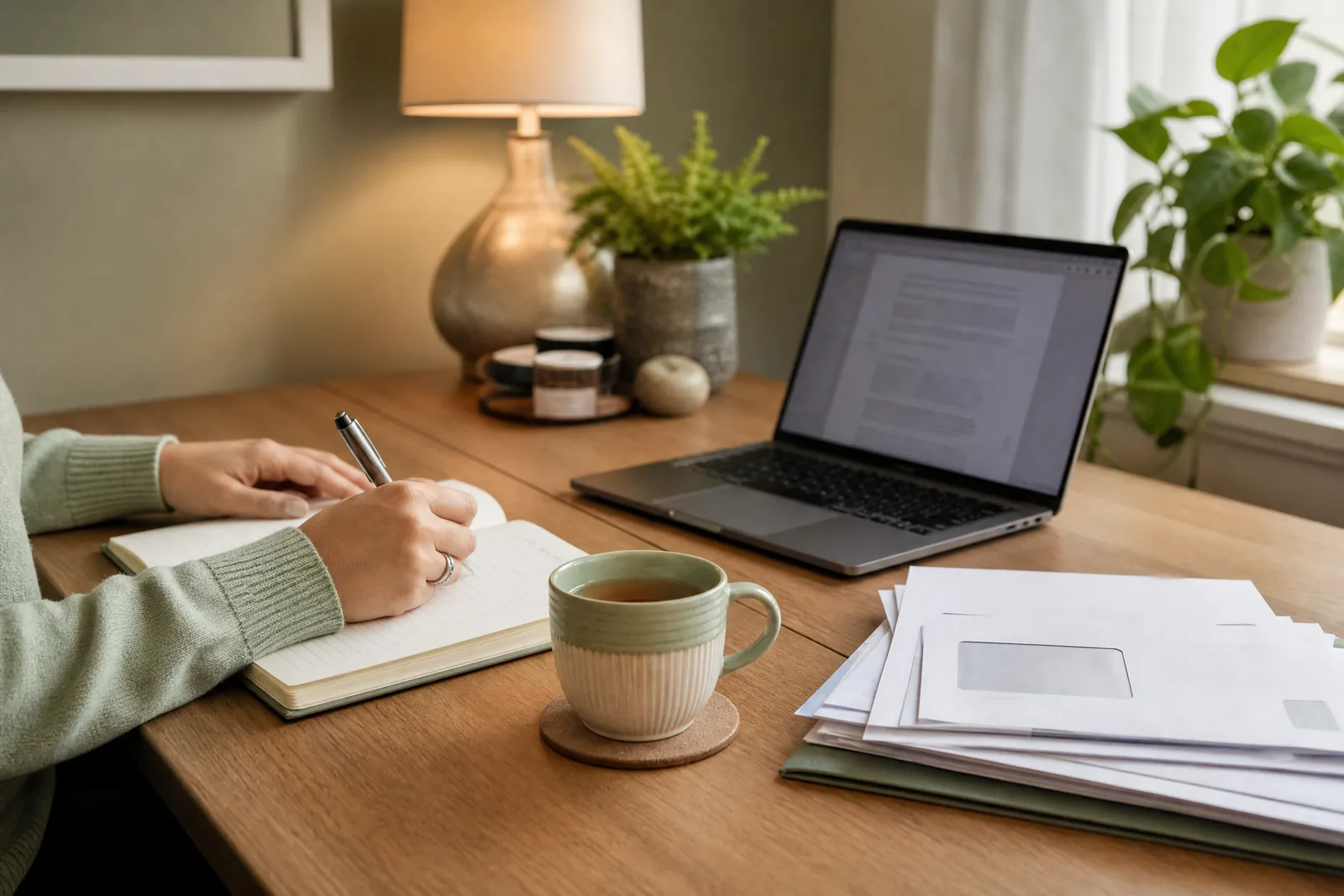 Parent writing at a desk with official letters and a laptop, taking organised action