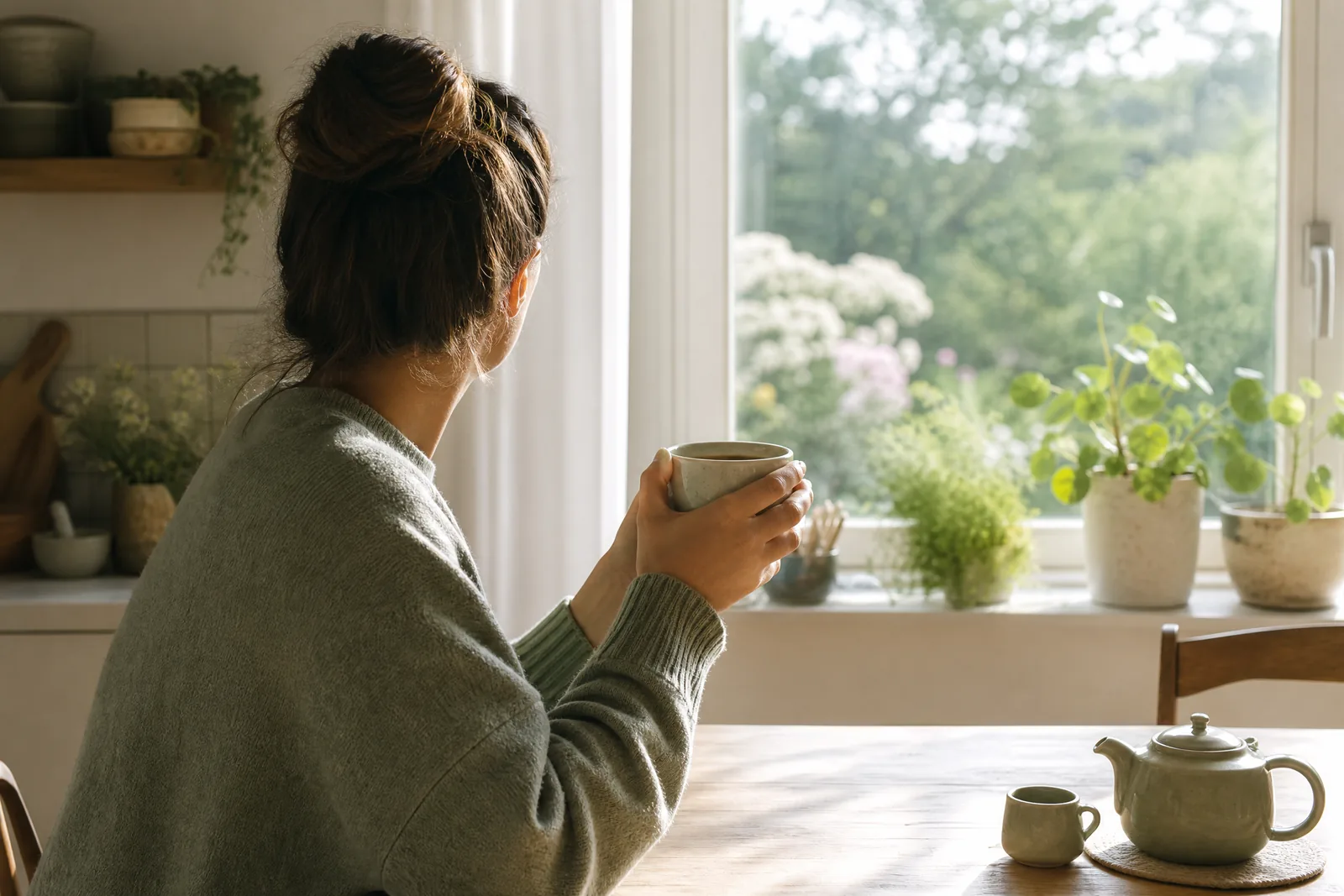 Parent sitting quietly at a kitchen window with a cup of tea, taking a moment for themselves